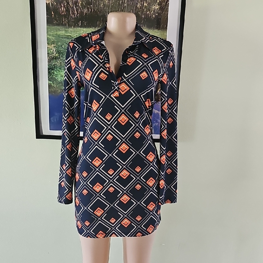 Zara Navy and Orange Long Sleeve Dress